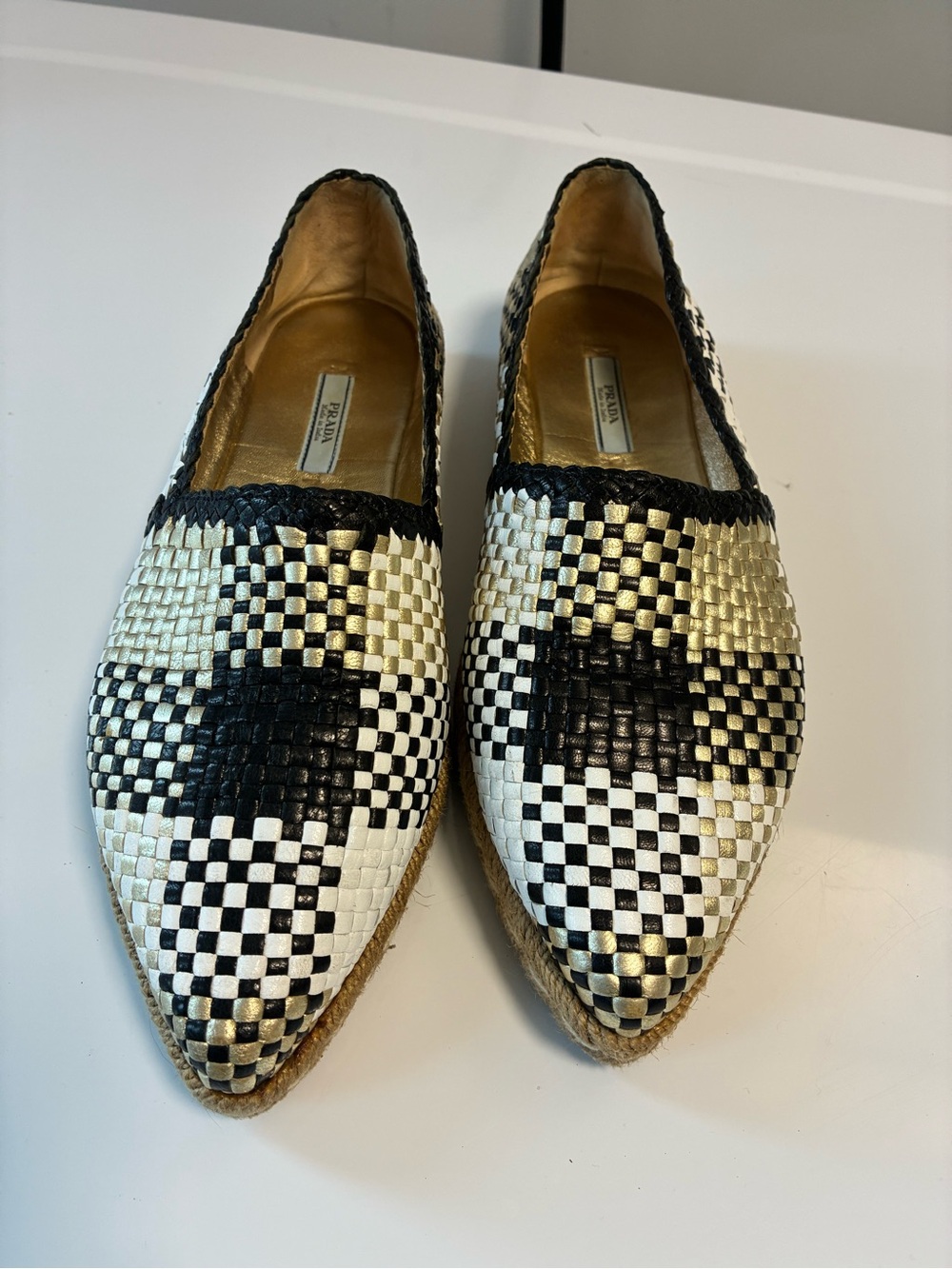 Prada Black White Gold Woven Pointed Espadrilles